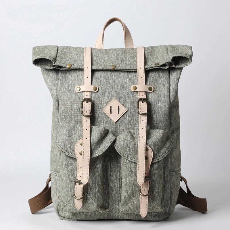 

High Quality Pepper Canvas with Vegetable Tanning Leather Men Backpack Vintage Male Travel Bagpacks Laptop Book Bags for Youth