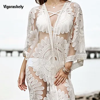 

2020 Long White Bikini Cover Up Woman Lace Crochet Swimsuit Sexy Beach Dress Women Summer Mesh Cover-Ups Swim Bathing Suit Tunic