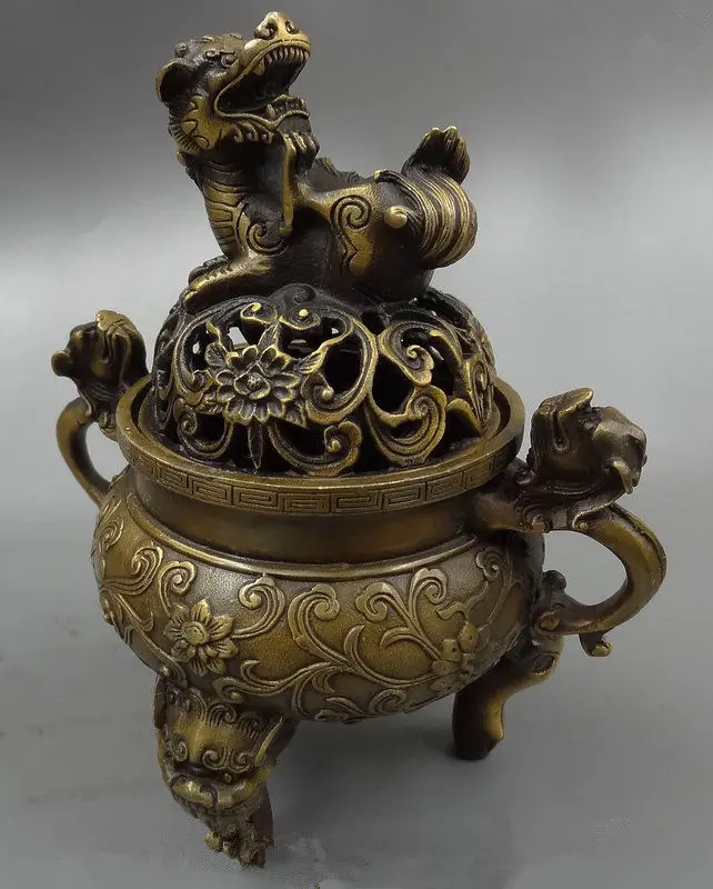

7 inch / Exquisite Chinese copper buddhist dragon lion hollow-out censer