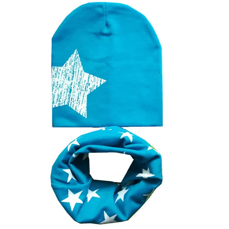 Принт со звездой, хлопковый Детский набор из шапки и шарфа, детская шапка s, шарфы, Осень-зима, детская шапочка с круглым вырезом, шапка для мальчиков, шарф для девочек, шапка, комплект - Цвет: lake blue white