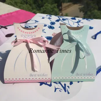 

100Pcs Pink / Blue Wedding Dress Wedding Favors Candy Boxes Bomboniera Party Gift Boxes With Ribbons