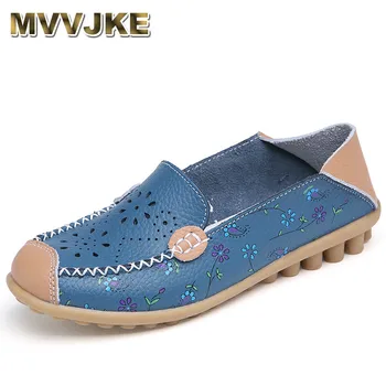 

MVVJKE Women genuine leather shoes casual slip-on ballet women Flats Cut out Floral printing moccasins Ladies shoes