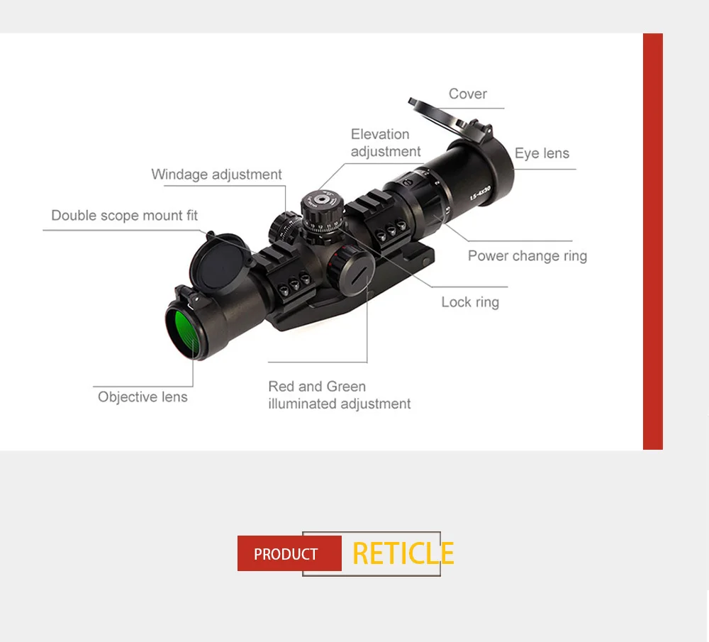 1.5-4x30 tratical caça riflescope rgb iluminado mira
