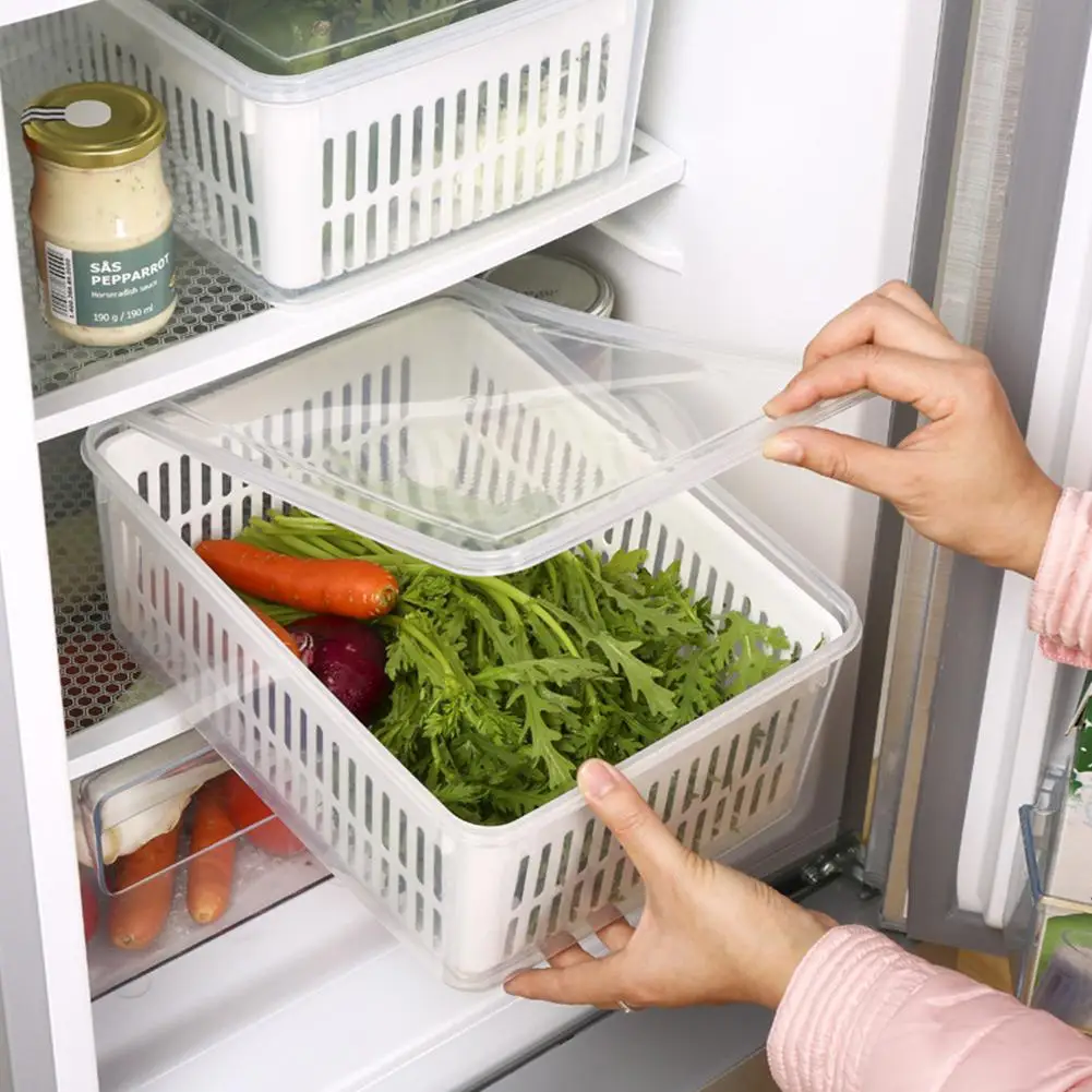 Большой размер двухслойная дренажная корзина для хранения холодильника для кухонного холодильника для овощей, фруктов, свежего хранения