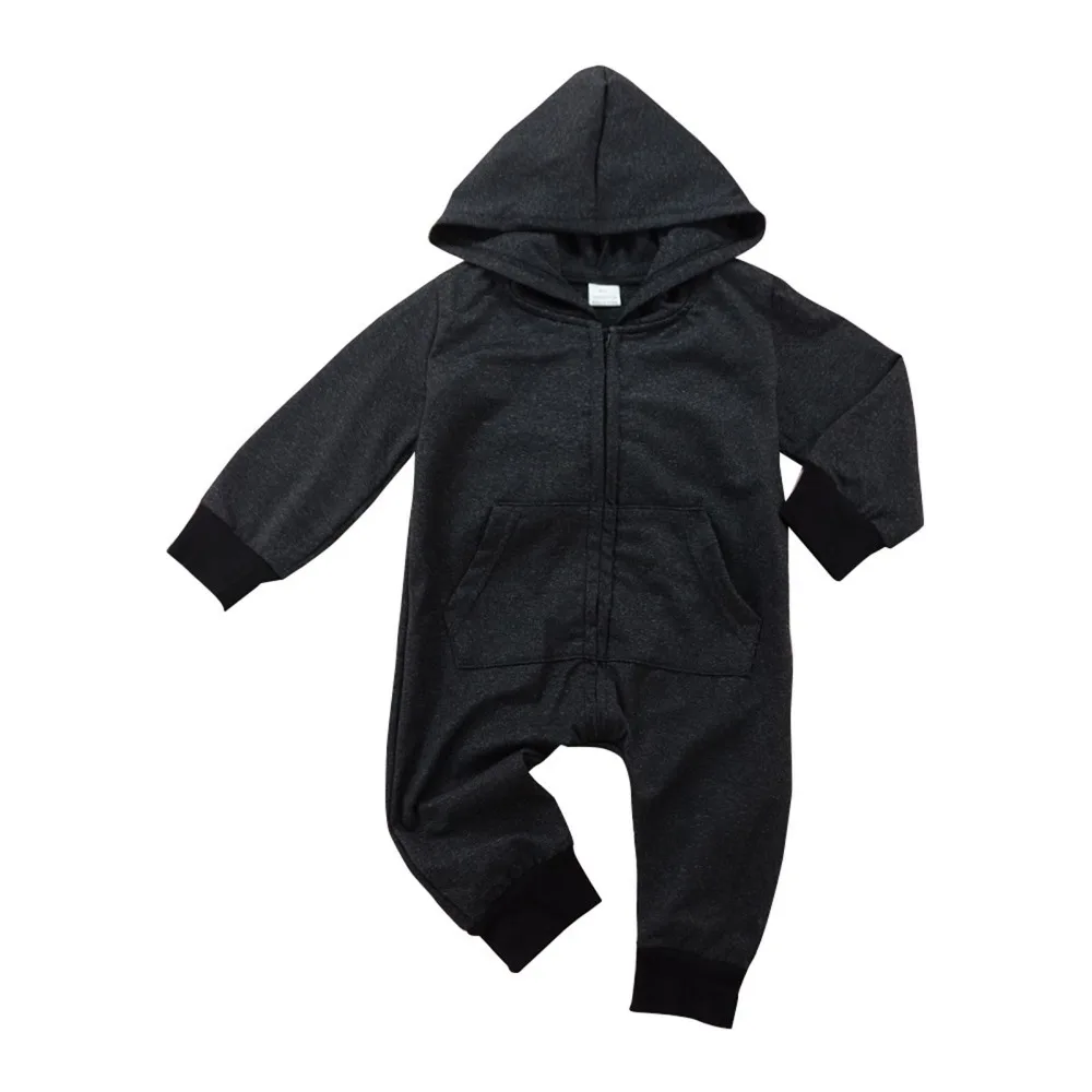 Baby Rompers Kids Onesie Cotton Hooded Zipper Long Sleeve Thin Black