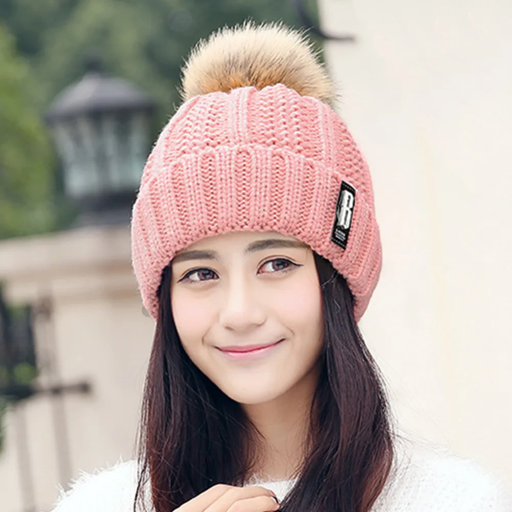 pom fur hats pom Double Pompon Hat Warm Big 2017 Women Lining Fur Hats Real