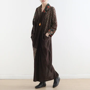 

19 Autumn original art retro cotton and hemp splice printing loose code V lead thin temperament long dress free Sipping