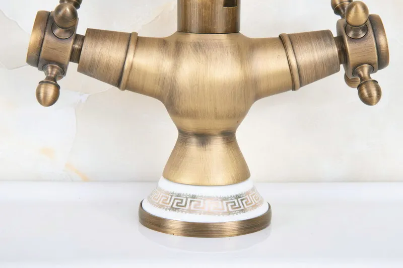 Antique Brass Dual Cross Handles Ceramic Base Bathroom Kitchen Basin Sink Faucet Mixer Tap Swivel Spout Deck Mounted mnf603