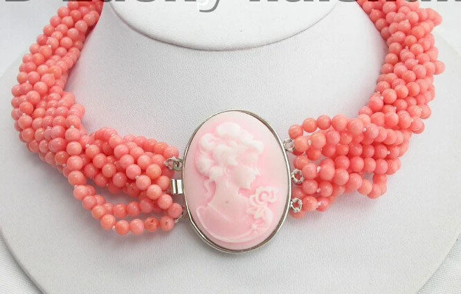 

Hot sale Free Shipping>>>>>AAA 10Stds 100% natural pink coral necklace cameo clasp