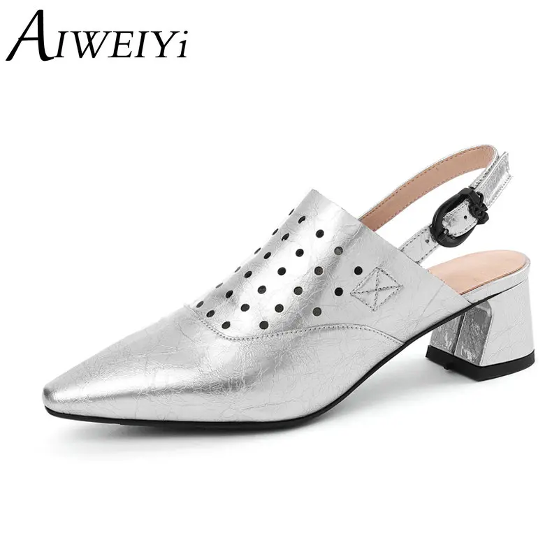 

AIWEIYi Summer Style Cutouts High Heels Shoes Pointed toe Genuine Leather High Heels Slingback Cow Leather Shoes Woman