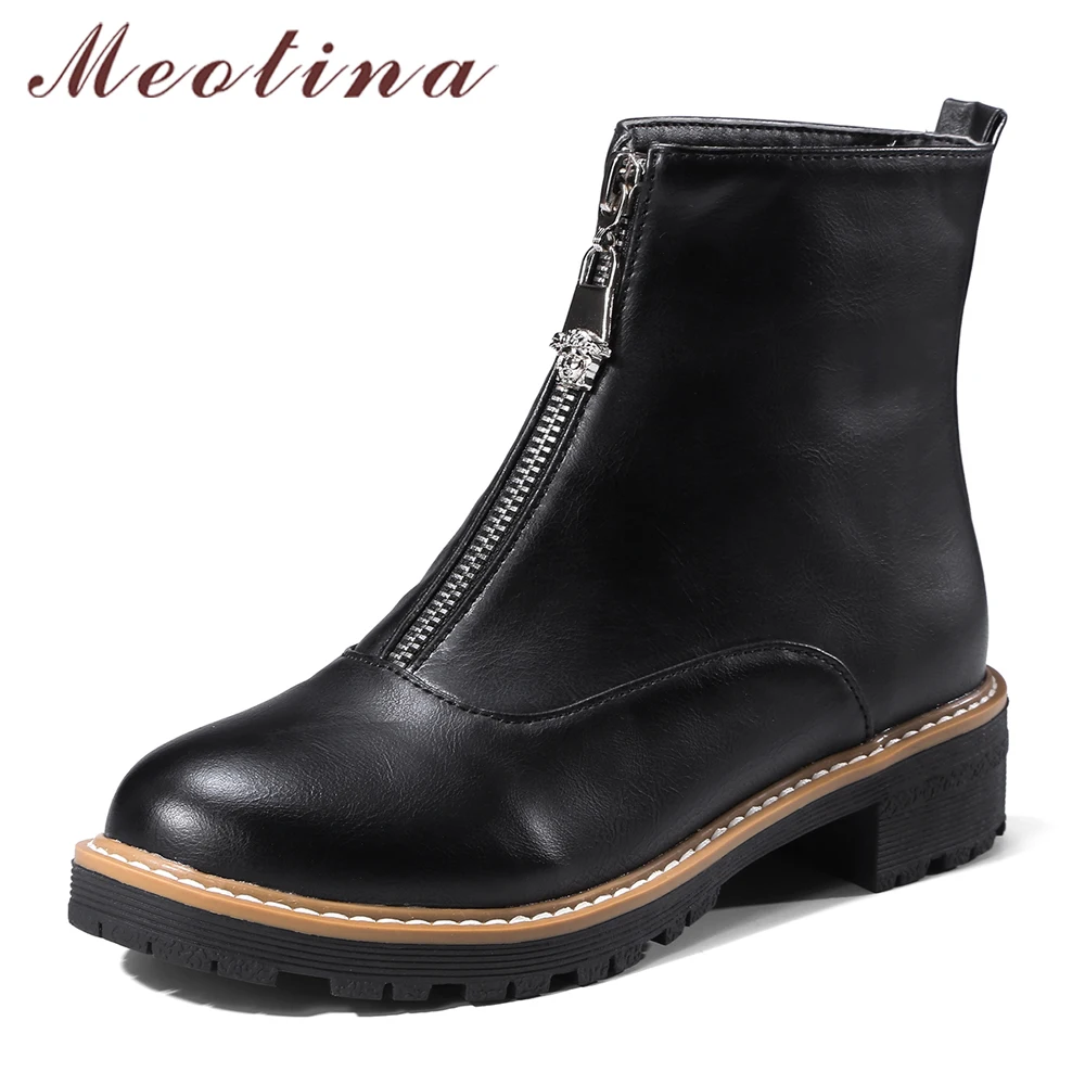 

Meotina Women Ankle Boots Low Heels Autumn Shoes Thick Heel Female Boots Zip 2018 Winter Shoes Black PU Leather Big Size 33-43