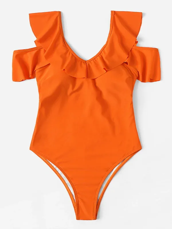 

2019 Sexy Swimsuit Solid Women Swimwear One Piece Bodysuit Push Up Monokini Ruffle Bathing Suits Swim Backless Female Beachwear