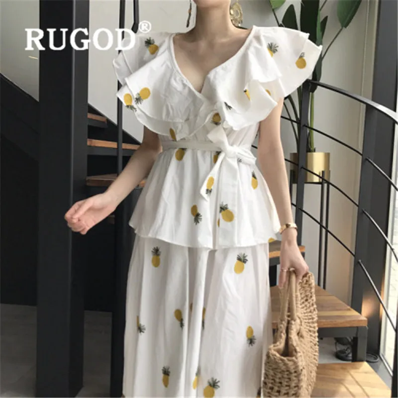 RUGOD модное платье с вышивкой ананаса и рюшами женское повседневное милое v