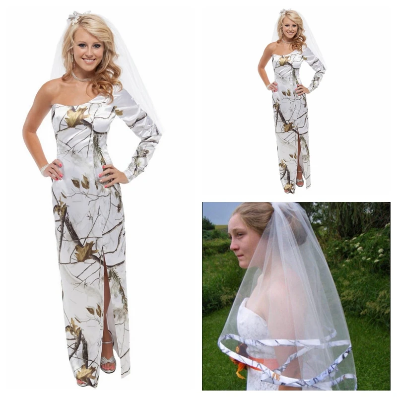 

One Shoulder Slim Sheath Long Sleeves Wedding Dresses Camo Camouflage Formal Bridal Gowns Sexy Split Country Robe De Mariee