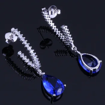 

Shining Water Drop Blue Cubic Zirconia White CZ Silver Plated Drop Dangle Earrings V0365