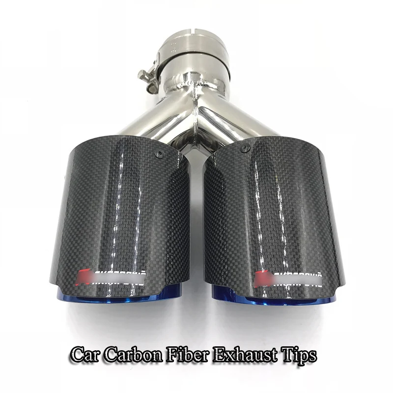 

Car Carbon Exhaust Tips Universal Auto Muffler Exhaust Tip Tail Double End Pipe Glossy Carbon Stainless Steel Half Blue