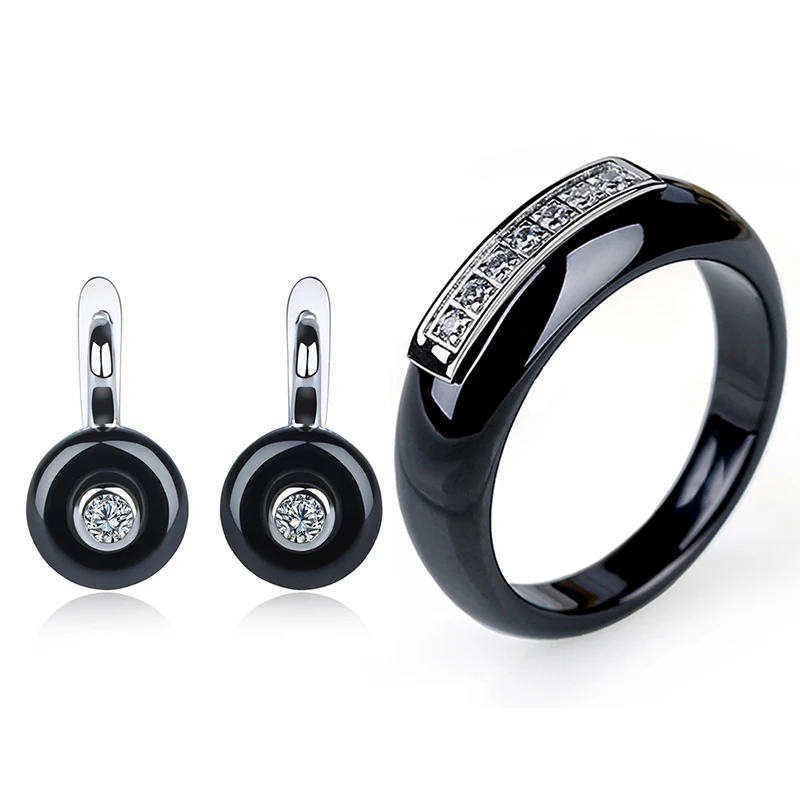 

Classic Black White Ceramic Jewelry Set For Women CZ Crystal Jewelry Sets Earrings Rings Fashion Wedding Jewelry Party Gift