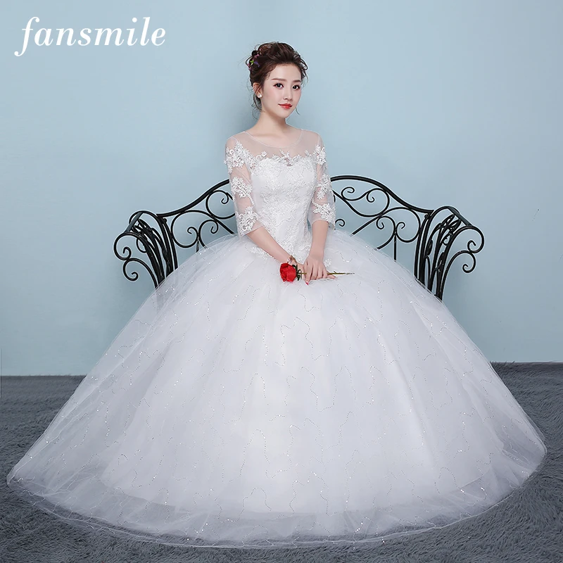 Fansmile, три четверти, тюль, свадебное платье, кружевное бальное платье, свадебное платье на заказ размера плюс, свадебное платье FSM-420F