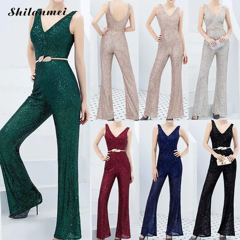 Sparkly Sequined Sequined Women Summer Sexy Deep V-Neck Club Party Long Playsuits Sleeveless Backless Elegant Romper Femme