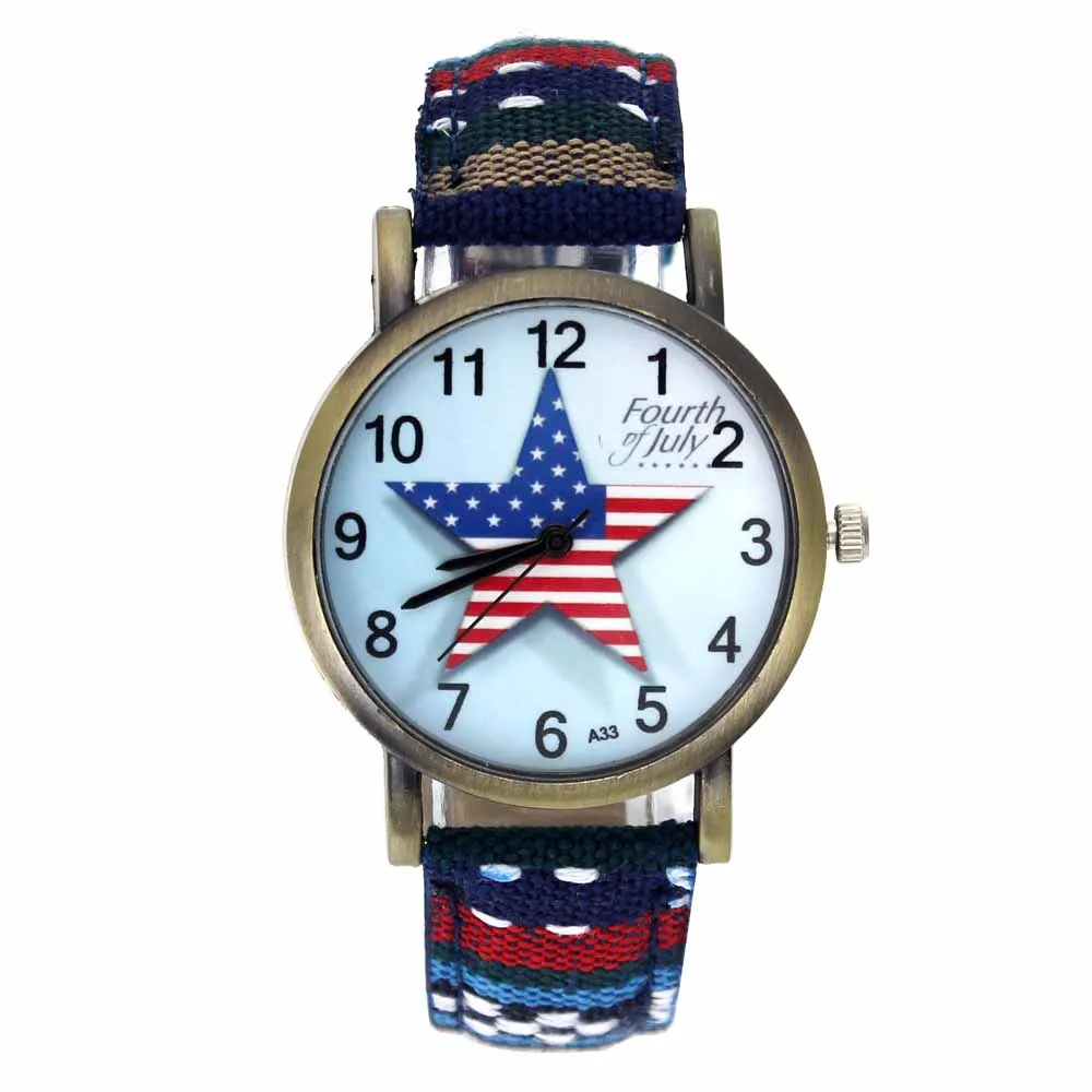 Pentagram Fourth of July Celebration USA Flag Fashion Accessories Stripes Denim Cloth Canvas Band Quartz Wrist Watch 6
