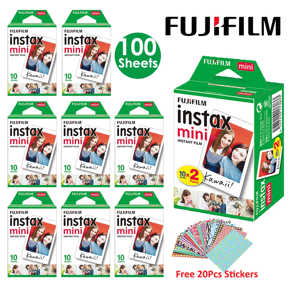 Белая пленка Fujifilm Instax Mini 10 20 40 60 80 100 листов для FUJI Instant Photo camera Mini 9 Mini 8 7s 70 90+ Бесплатные наклейки