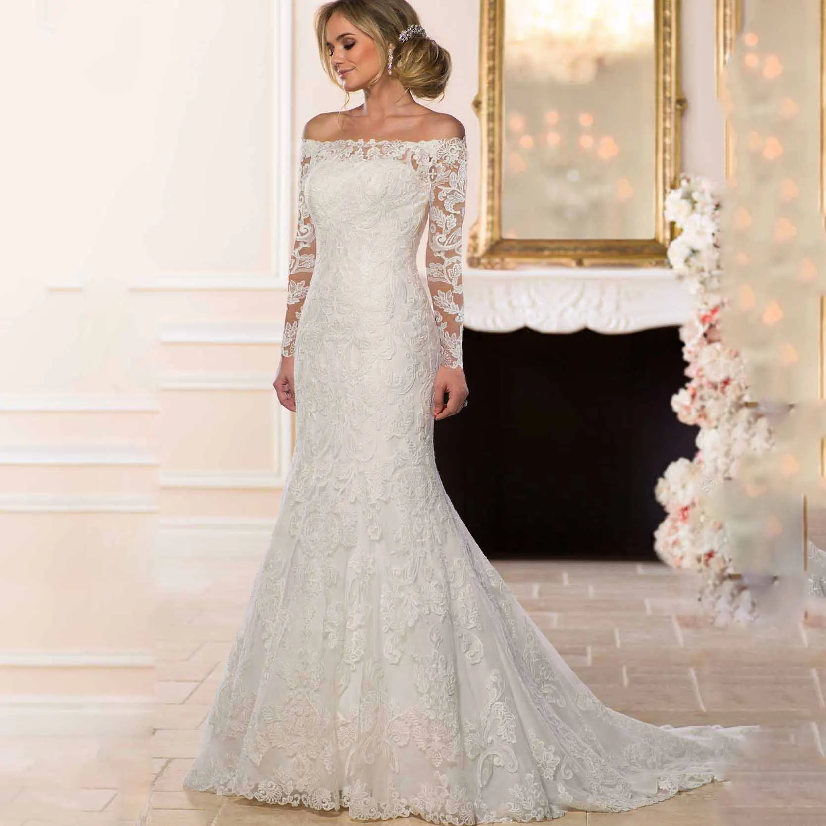 

Luxury Mermaid Long Sleeve Full Lace Appliques Off The Shoulder Boat Neck Wedding Dress Court Train Bridal Gowns 2019 New