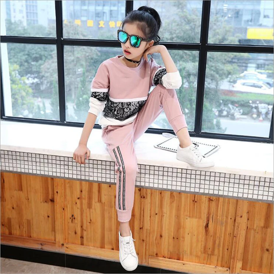 الملابس الرياضية للفتيات الدانتيل قميص + السراويل 2 قطعة الخريف الرضع الفتيات مجموعة الشتاء المراهقات الملابس 6- 13 سنوات