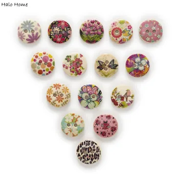 

50pcs 2 Hole Mixed Print Flower Wood Buttons Home Sewing Craft Scrapbooking Clothing Decor DIY 18mm