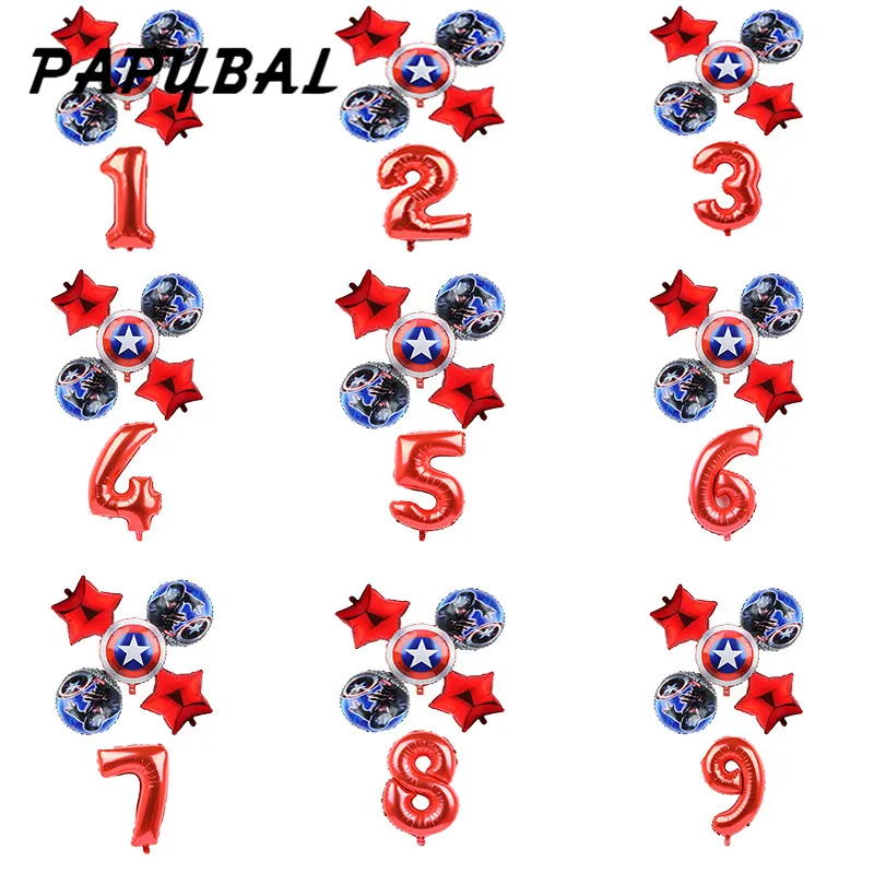 

PAPYBAL 6pcs/lot Captain America Shield Balloons 18inch The Avengers Balloon 32inch Number 1 2 3 Birthday Party Decorations Kids