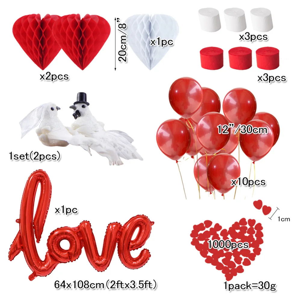 22pcs Wedding Decoration Kit Artificial Dove LOVE Foil Balloons Ruby Red Latex Balloons Honeycomb Heart Confetti Valentines Day