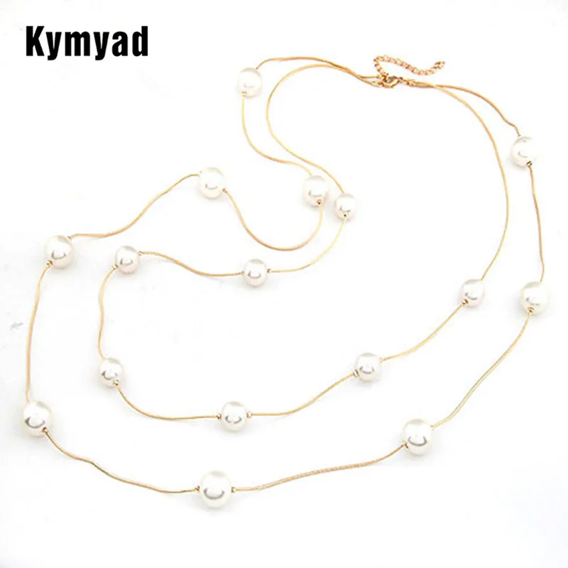

Kymyad Gold Color Necklace Simulated Pearl Jewelry Long Necklace Women Bijoux Multi layer Dress Necklaces For Woman Jewelry