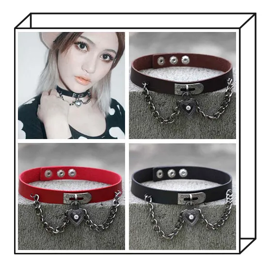 Heart Tassel Necklace Pu Leather Choker For Women Gothic Punk Style Alloy Coffee Black Red Choker Collar Fashion Jewelry