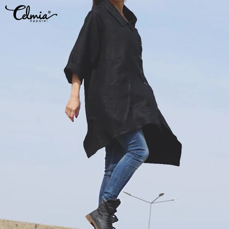  2019 Celmia Women Retro Blouse Fashion Asymmetrical Tops Lady Long Sleeve Buttons Casual Loose Long