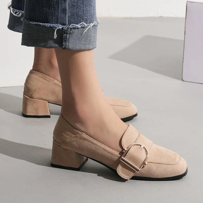 

Teahoo 2018 Spring Women Pumps Low Heels Square Metal Buckle Slip on Loafers Suede Leather Shoes Woman Chaussure Femme Talon