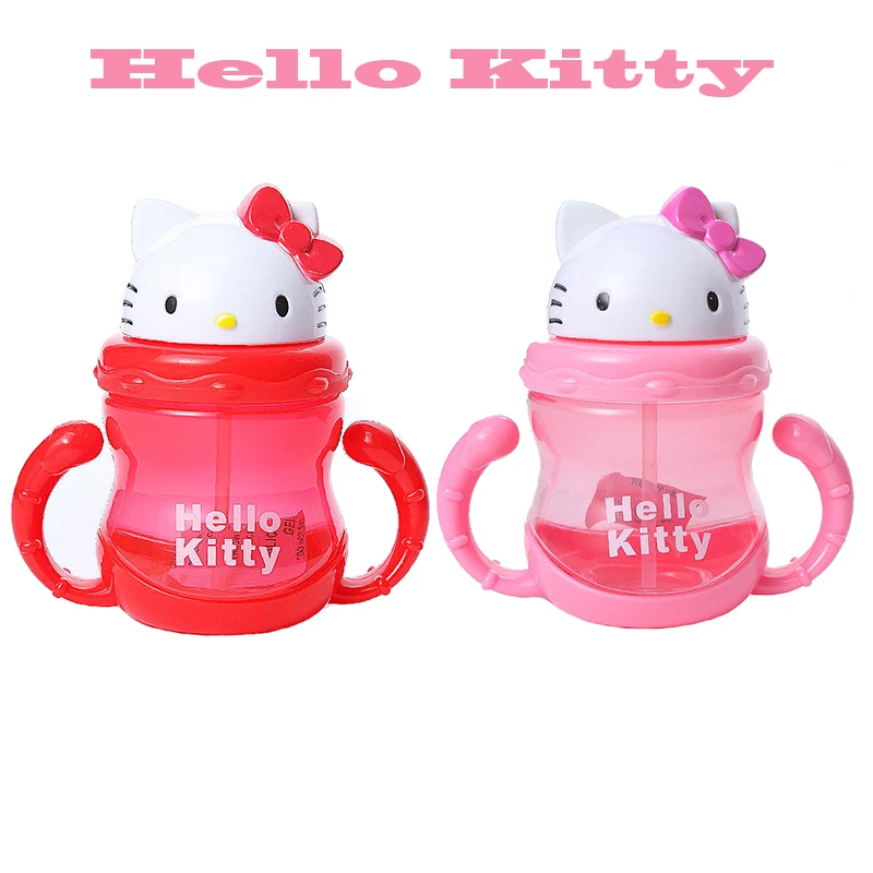 Бутылочка pp рисунок «Hello Kitty» Дети соломы чашки с ручками ребенок Бутылки Сиппи Чашки дети учатся питьевой воды соломы обучение чашки - изображение
