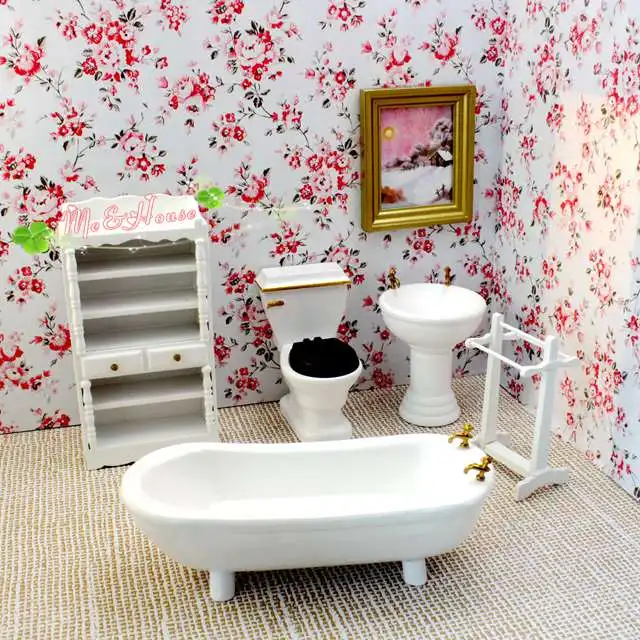 Modern Dollhouse Miniature 1/12 Scale White Bathroom Set/5 Bathtub Sink