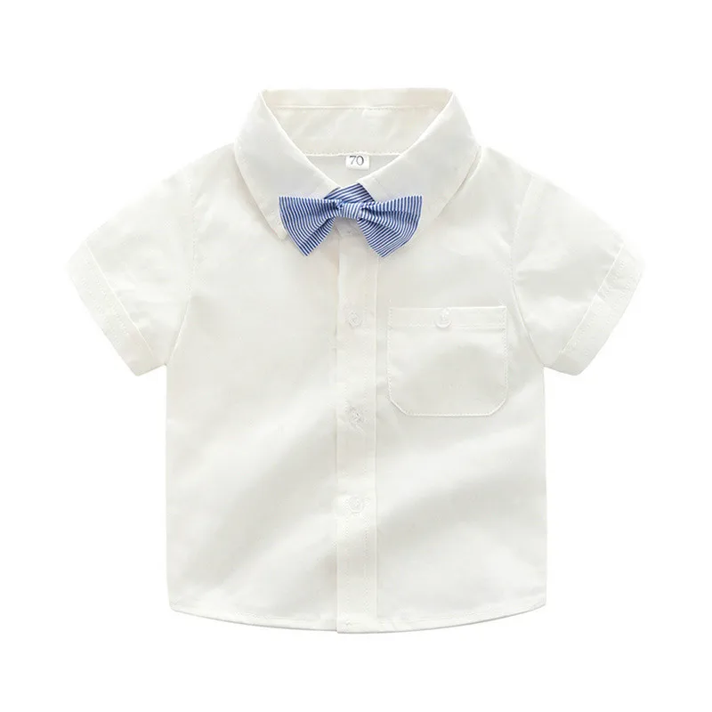 Baby shirts Casual Cartoon Short-Sleeved Toddler Blouse Gentleman Tops Summer Baby Boy Formal Shirt with Bow Tie White 3-24M