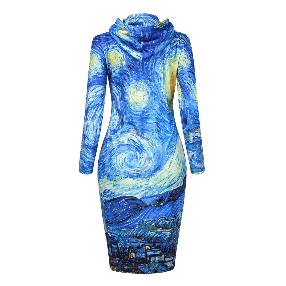 ISTider осень зима толстовка с капюшоном платья для женщин 3D космический Галактический Принт толстовки с карманом шнурок Bodycon Длинные толстовки