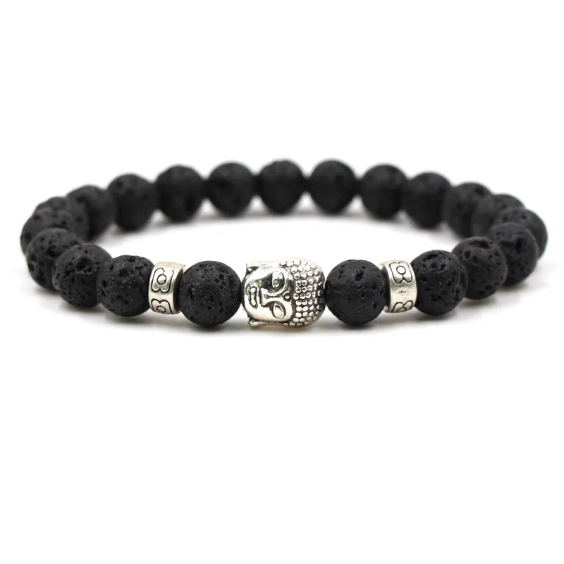 fashion handmade natural stone black beaded bracelet charm men's Buddha head bracelet personality men's jewelry