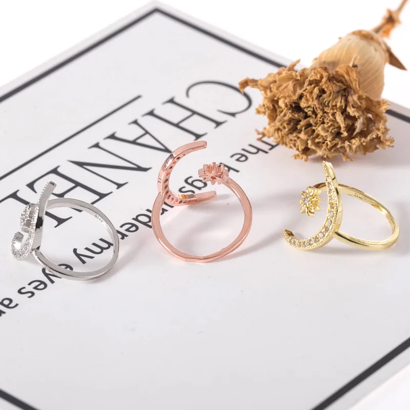 Женские кольца в стиле бохо с открытой звездой и Луной для женщин, розовое золото, Цвет Заполненный, милое кольцо с белым кристаллом, минималистичное ювелирное изделие