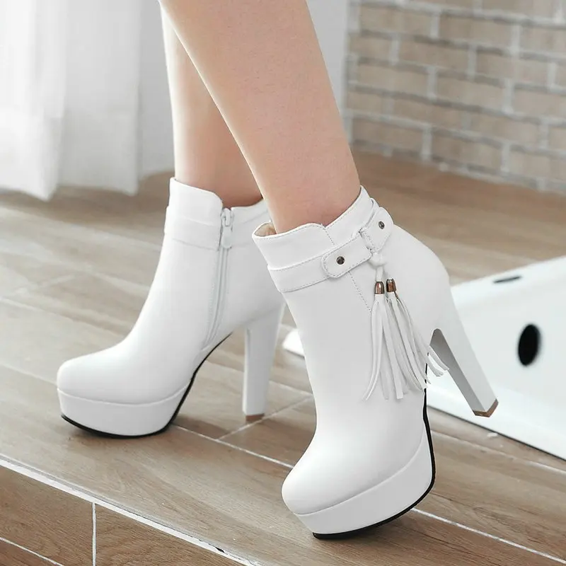

Women Fringe Ankle Boots Fashion Platform Square High Heel Shoes Round Toe Zipper Autumn Winter Shoes Woman 2018 Plus Size 43