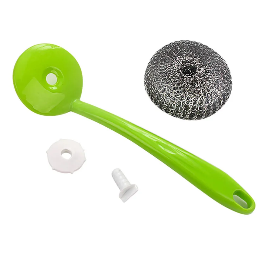 Wash Pot Brush Steel Wire Ball Plastic Long Handle Clean Brush Kitchen