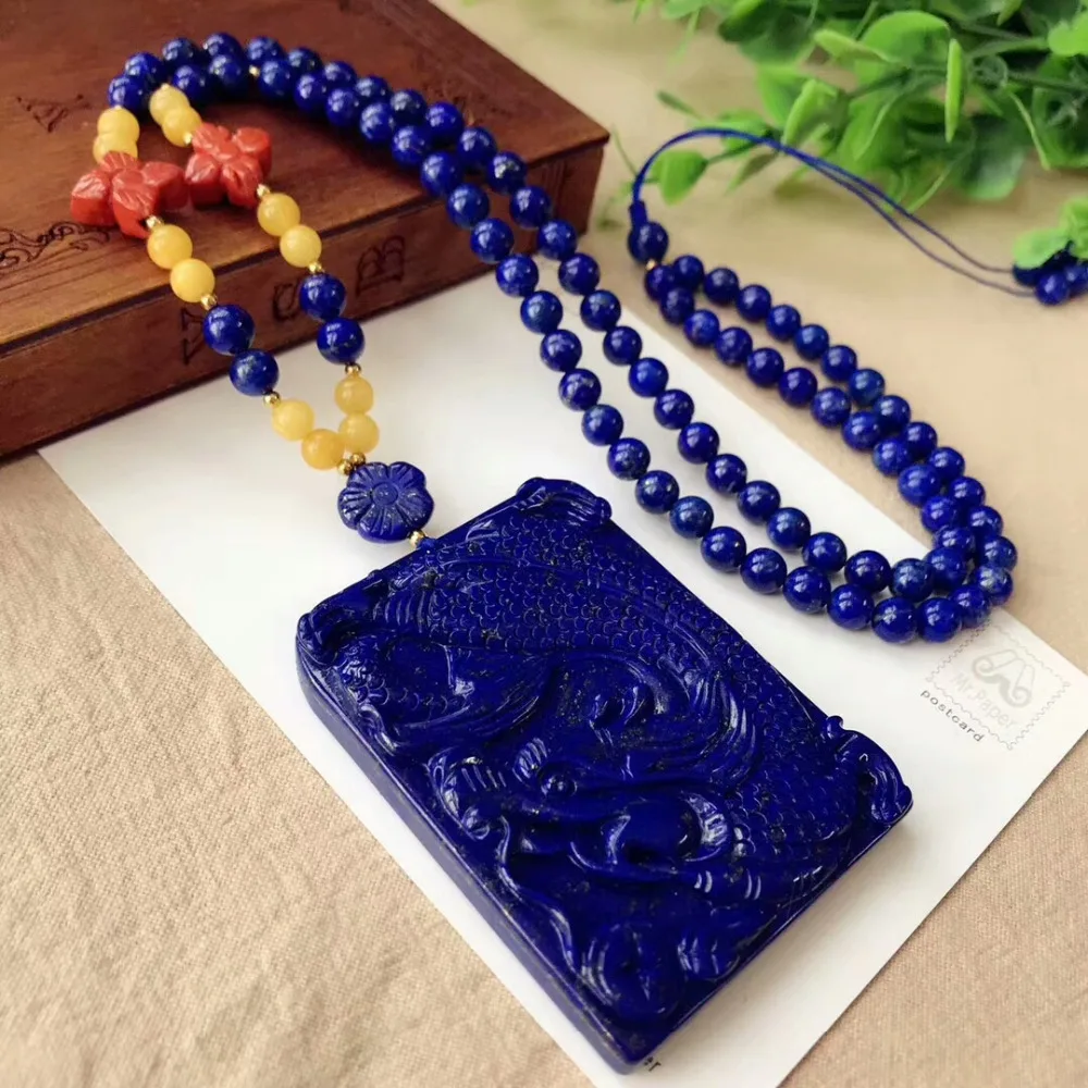 

Genuine Natural Royal Blue Lapis Necklace Lazuli Dragon Craved Pendant 63x49x9mm Gemstone Woman Man Crystal Bead Necklace AAAAAA