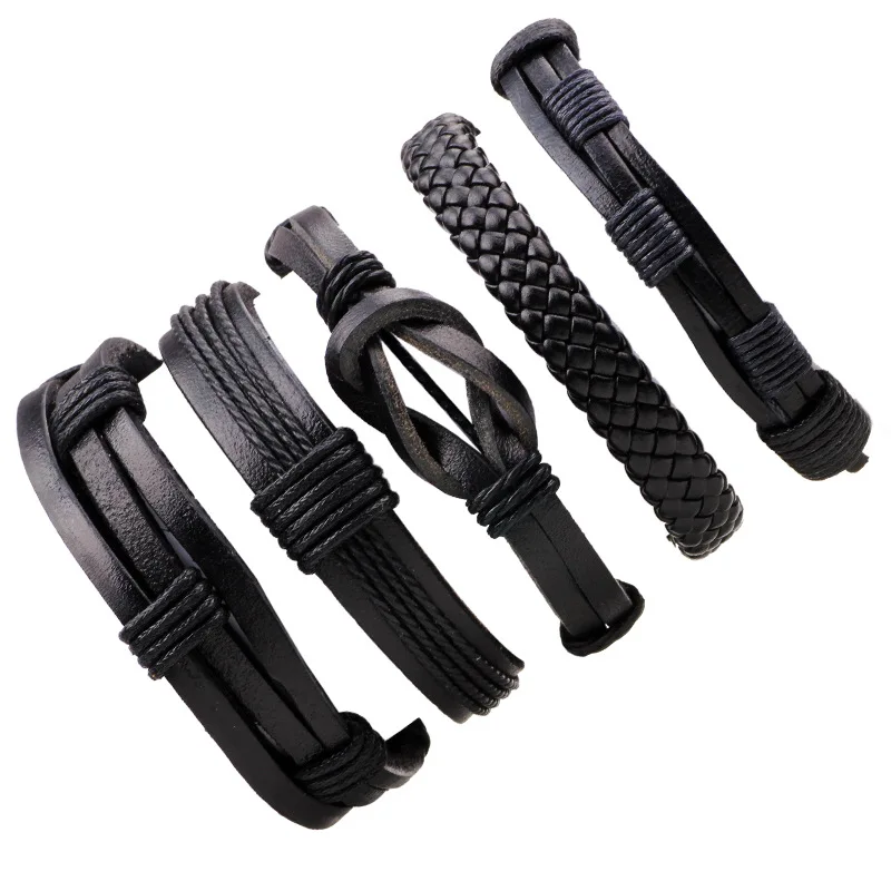 

5pcs/Set Gothic Free Combination Black Cool Bracelet for Male Cowhide Leather Casual Cuff Friendship Braclet Drop Shipping
