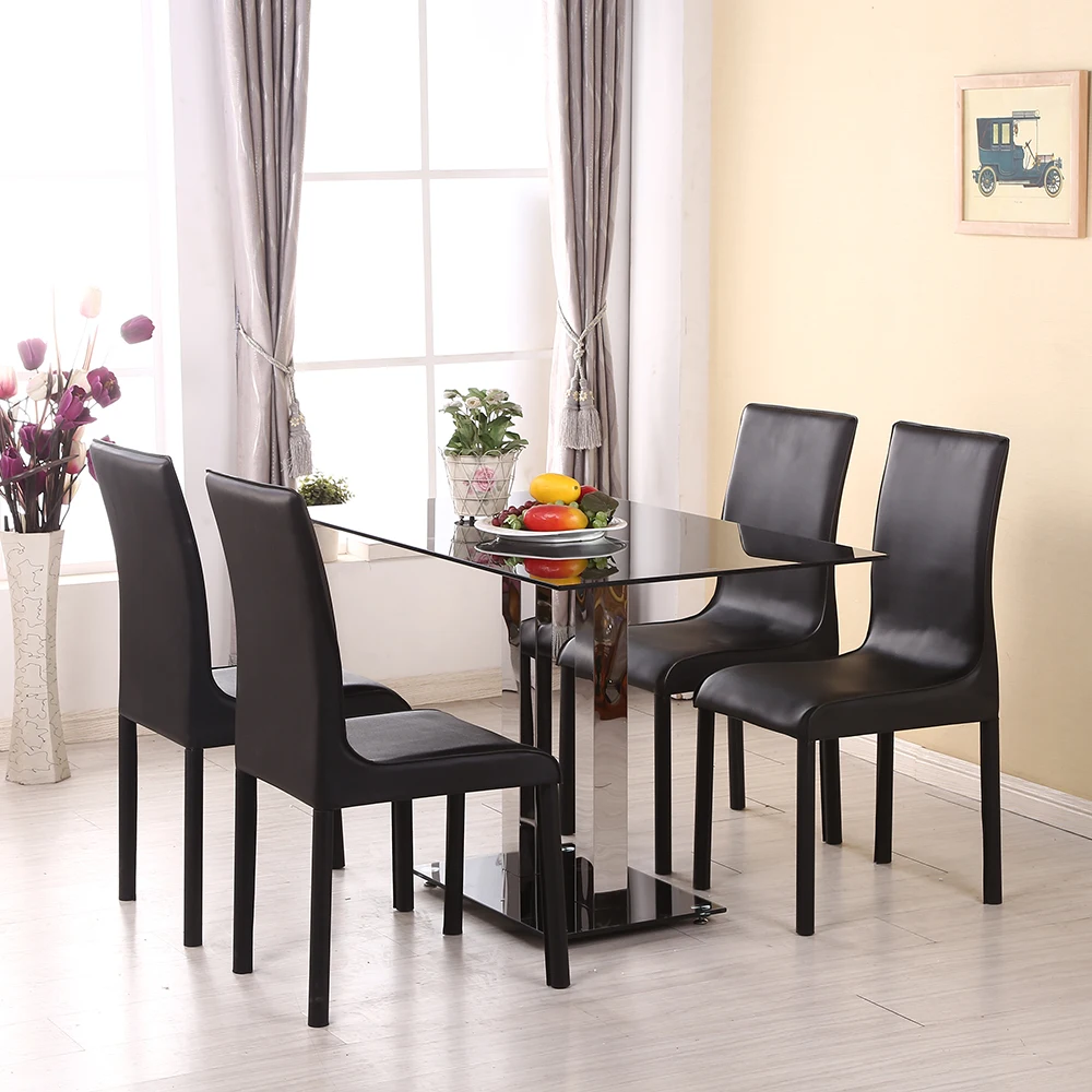 Panana جديد 120 سنتيمتر أسود عالي اللمعة الزجاج الكروم طاولة طعام 4 كراسي جلدية مقاعد الأثاث سريع مجاني