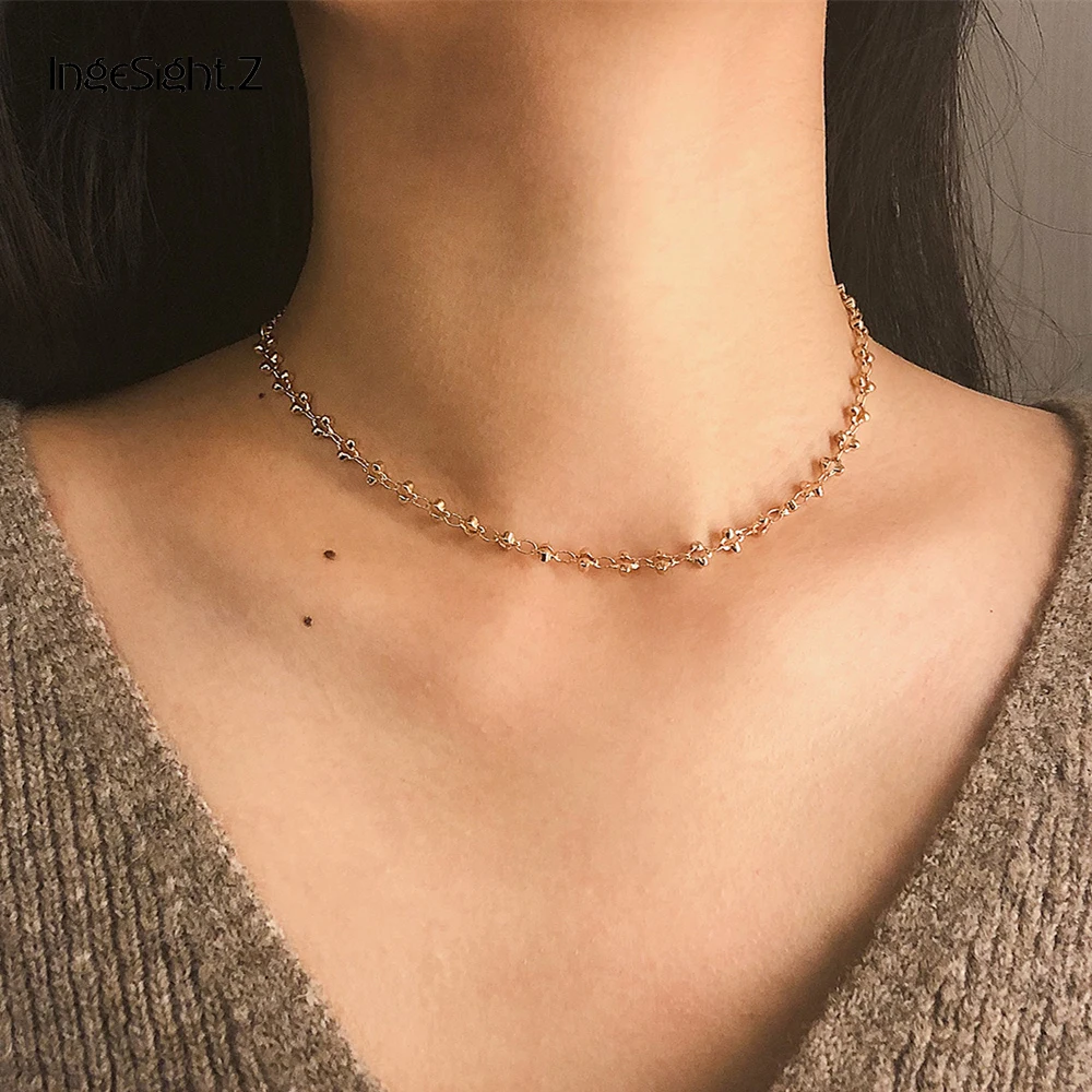 

IngeSight.Z Simple Gold Silver Color Copper Choker Necklace Collar Statement Geometric Chain Necklace for Women Jewelry Gift