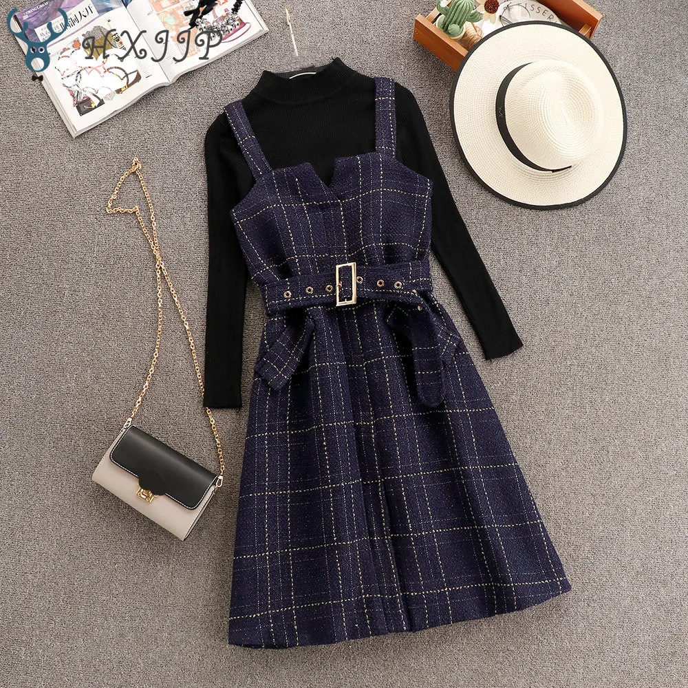 

HXJJP 2019 Luxury Quality Spring Autumn Women Knitted T-shirt + Sleeveless Dress 2 pcs Sets Beautiful Suits
