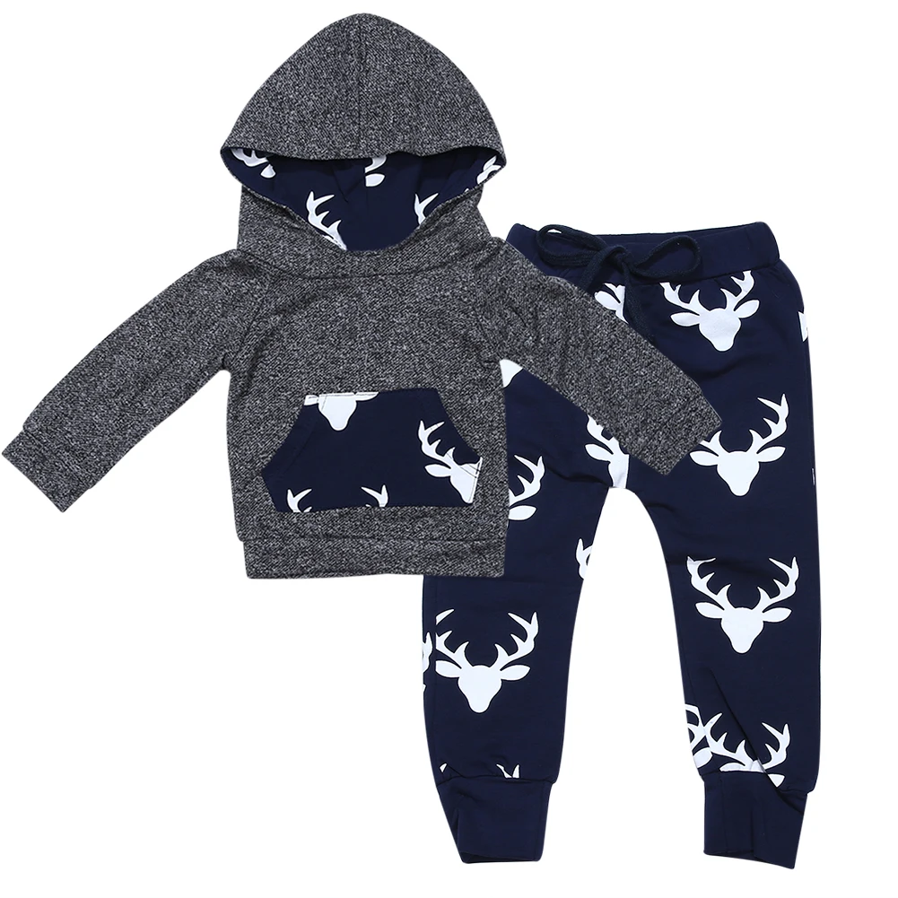 

Kids Baby Christmas Hooded Clothes Set Infant Baby Winter Warm Deer Pattern Pocket T-shirt Hoodie Top+Pants Clothing Costume
