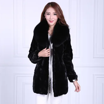 

Natural mink fur coat with real fox fur collar 2019 new autumn winter women's fur jacket plus size
