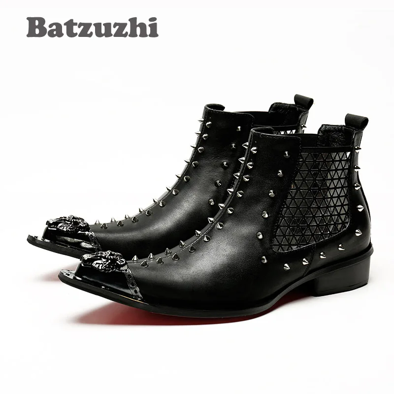 Cano De Party Batzuzhi Ocidental Estilo Curto Rebites Couro Cavaleiro Dos Apontado Do Dj Bota Stage Botas Dedo Preto Personalidade vermelho Homens Para Bar qrqCHzS